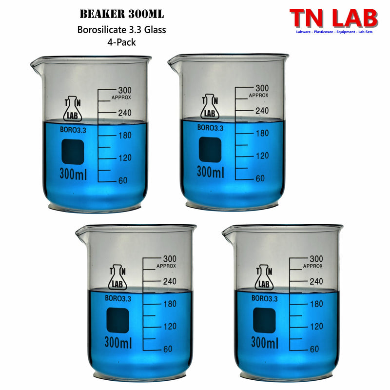 TN LAB Supply Beaker Borosilicate 3.3 Glass 300ml 4-Pack