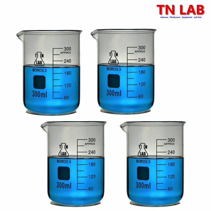 TN LAB Supply Beaker Borosilicate 3.3 Glass 300ml 4-Pack