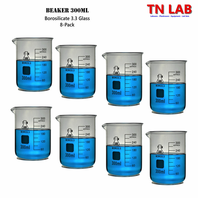 TN LAB Supply Beaker Borosilicate 3.3 Glass 300ml 8-Pack