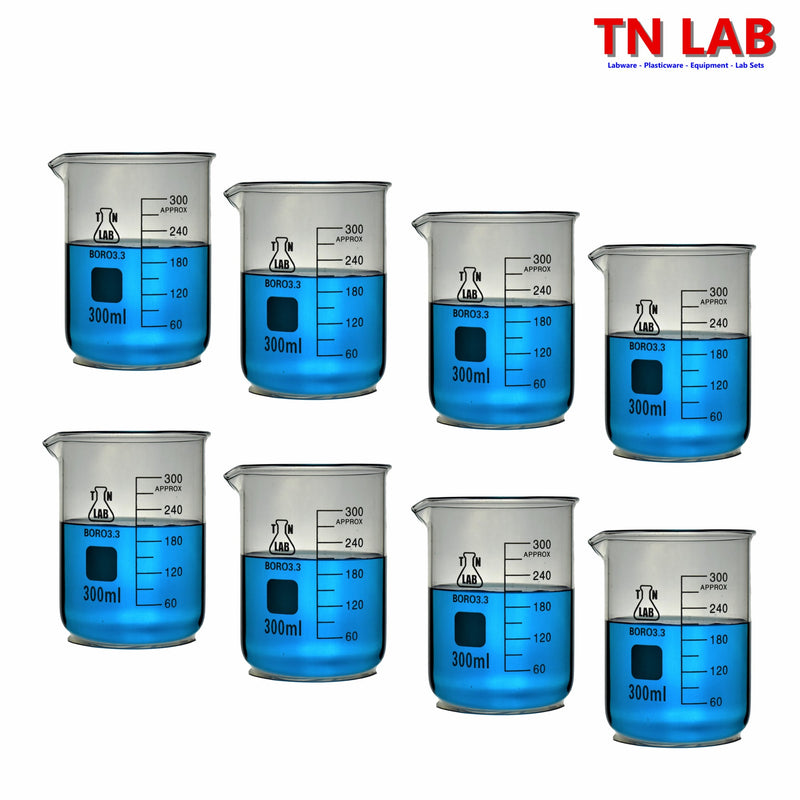 TN LAB Supply Beaker Borosilicate 3.3 Glass 300ml 8-Pack