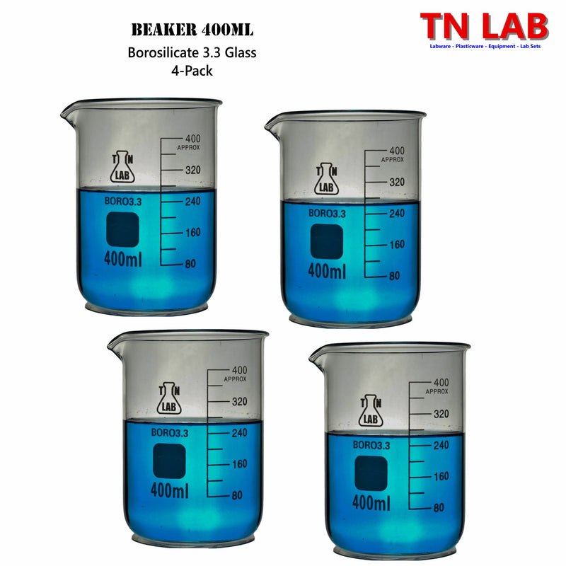 TN LAB Supply Beaker Borosilicate 3.3 Glass 400ml 4-Pack