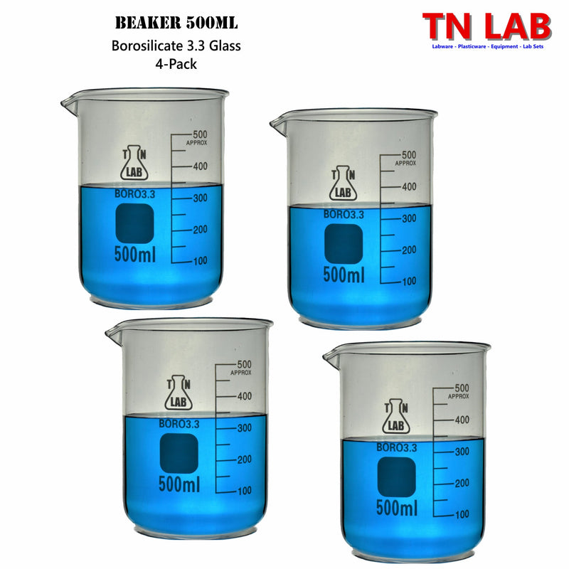 TN LAB Supply Beaker Borosilicate 3.3 Glass 500ml 4-Pack