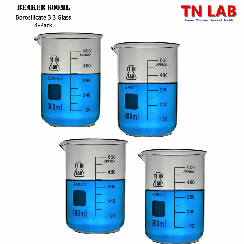 TN LAB Supply Beaker Borosilicate 3.3 Glass 600ml 4-Pack