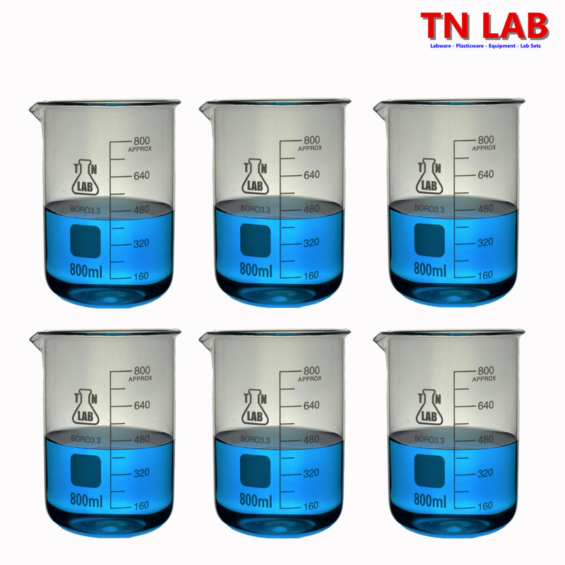 TN LAB Supply Beaker Borosilicate 3.3 Glass 800ml with graduations 6-Pack