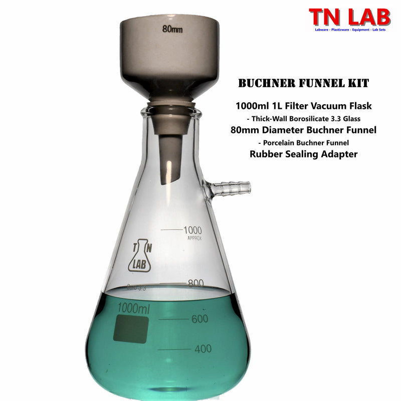 TN LAB Supply 1000ml 1L Buchner Funnel Kit with 1L Filter Flask Vacuum Flask and 80mm Buchner Funnel plus Sealing Adapter