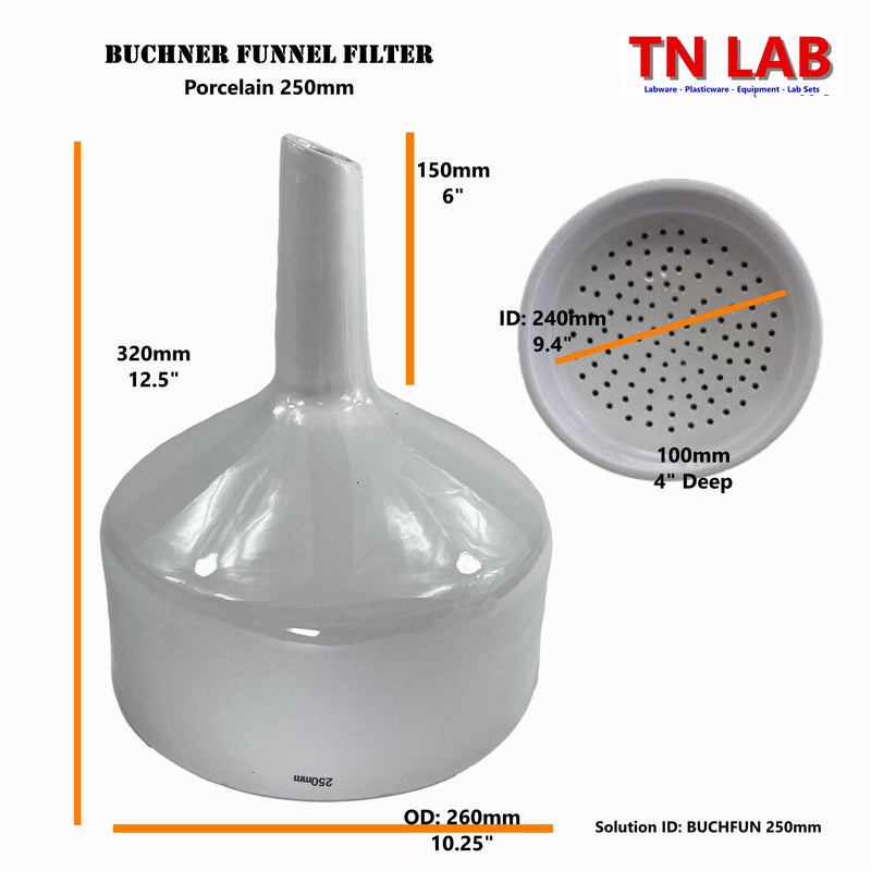 TN LAB Supply 250mm Buchner Funnel Porcelain Ceramic Dimensions