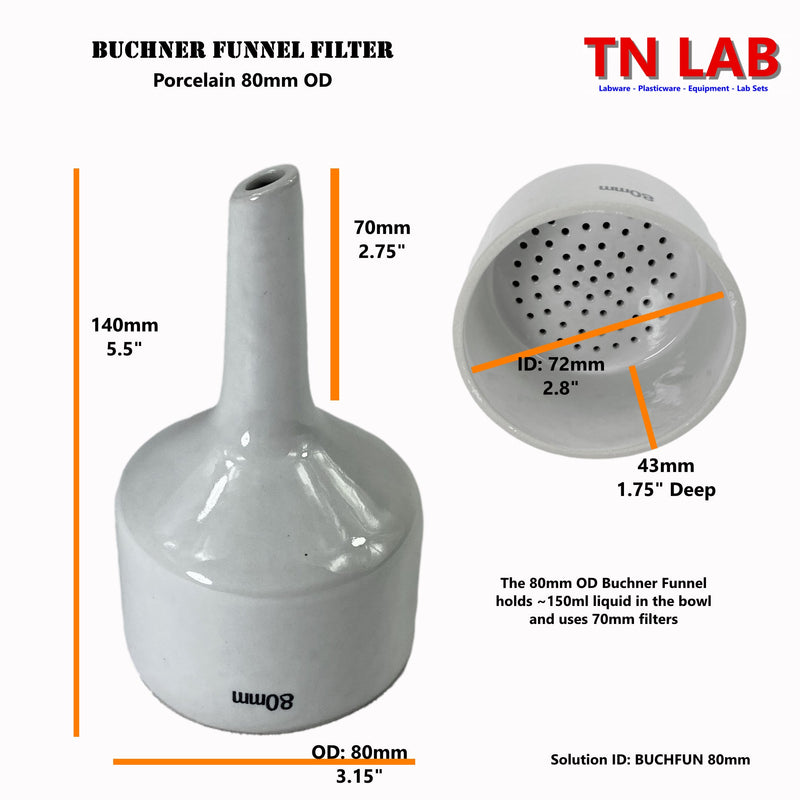 TN LAB Buchner Funnel 80mm Porcelain Ceramic Dimensions