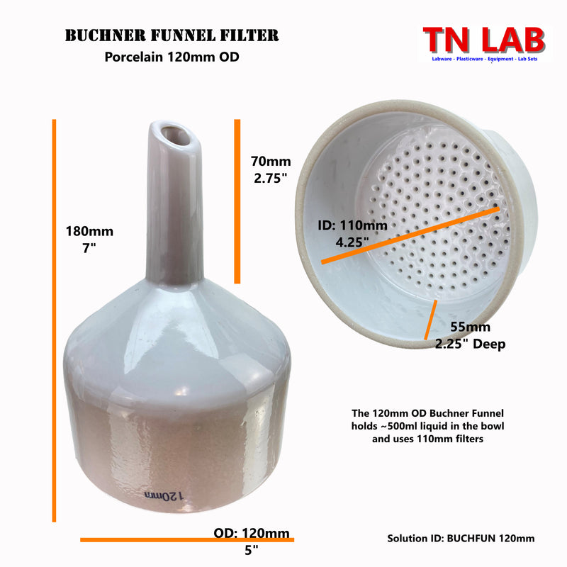 TN LAB Supply Buchner Funnel 120mm Porcelain Dimensions