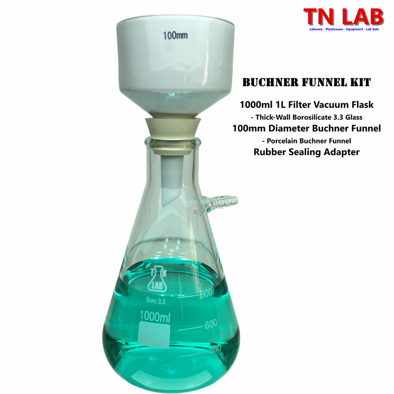 TN LAB Supply Buchner Funnel Kit 1000ml 1L Filter Flask Vacuum Flask 100mm Buchner Funnel of Porcelain Ceramic