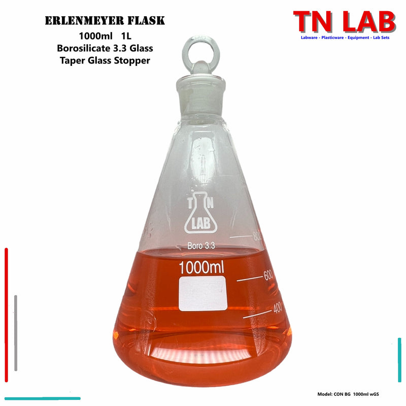 TN LAB Supply Erlenmeyer Flask 1000ml 1L 1Liter Borosilicate 3.3 Glass with Tapered Glass Stopper