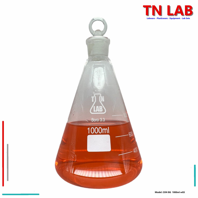 TN LAB Supply Erlenmeyer Flask 1000ml 1L 1Liter Borosilicate 3.3 Glass with Tapered Glass Stopper