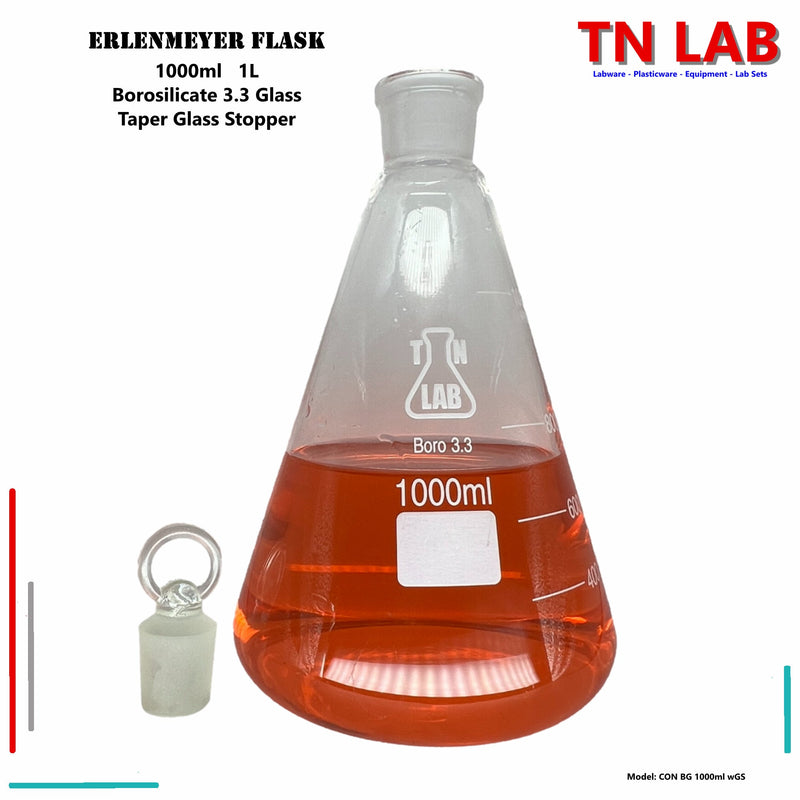 TN LAB Supply Erlenmeyer Flask 1000ml 1L 1Liter Borosilicate 3.3 Glass with Tapered Glass Stopper