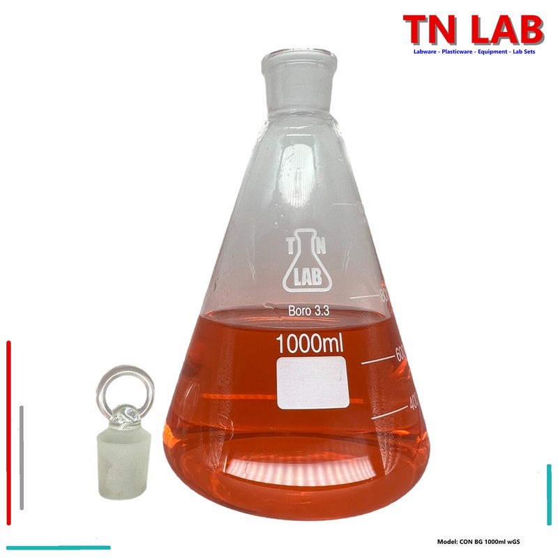 TN LAB Supply Erlenmeyer Flask 1000ml 1L 1Liter Borosilicate 3.3 Glass with Tapered Glass Stopper