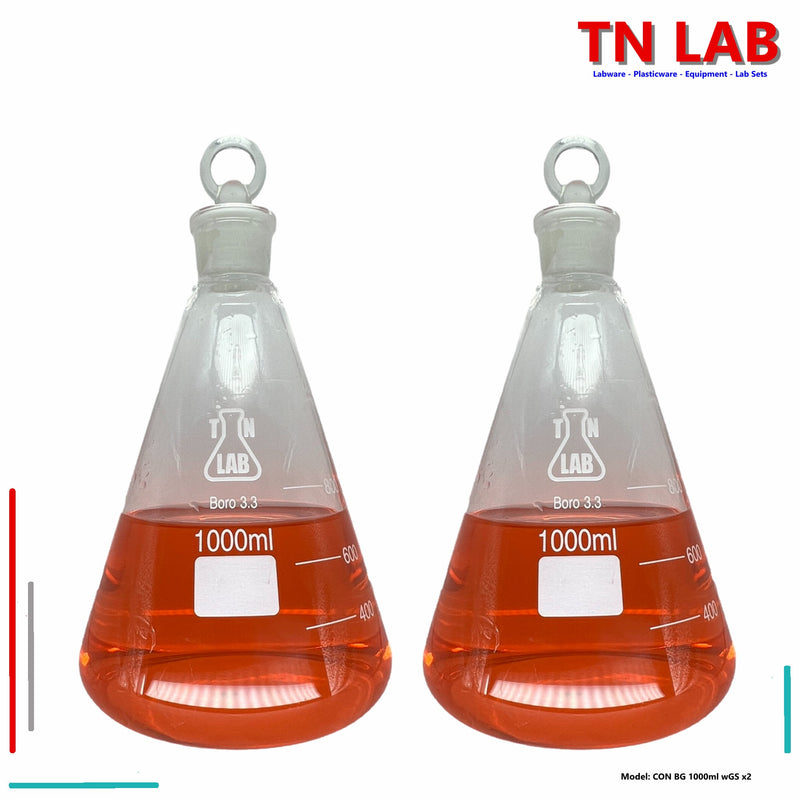 TN LAB Supply Erlenmeyer Flask 1000ml 1L 1Liter Borosilicate 3.3 Glass with Tapered Glass Stopper 2-Pack