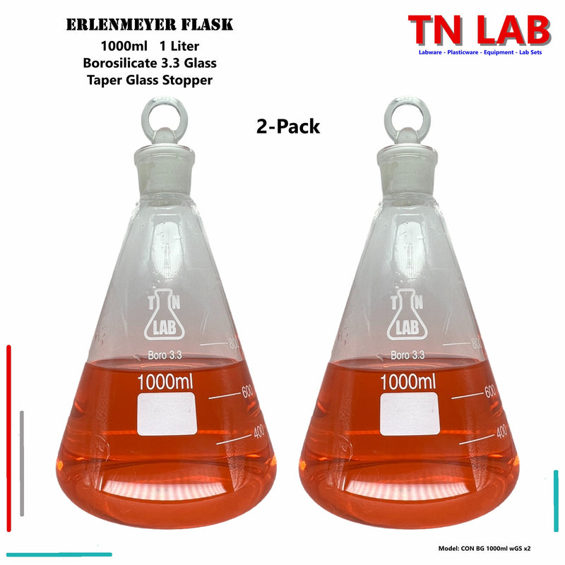 TN LAB Supply Erlenmeyer Flask 1000ml 1L 1Liter Borosilicate 3.3 Glass with Tapered Glass Stopper 2-Pack