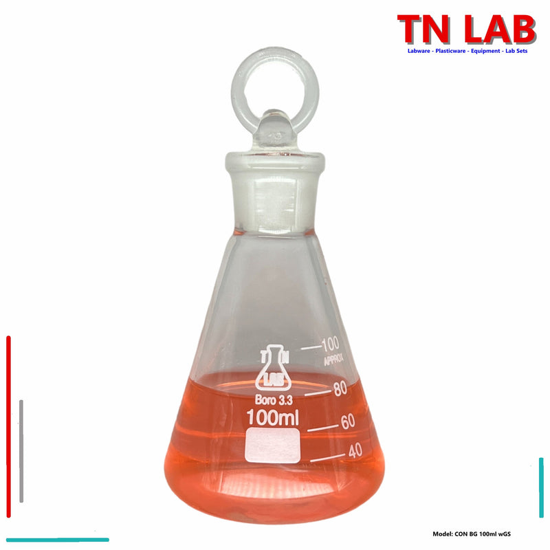 TN LAB Supply Erlenmeyer Flask Conical Flask 100ml Borosilicate 3.3 Glass with Glass Tapered Stopper