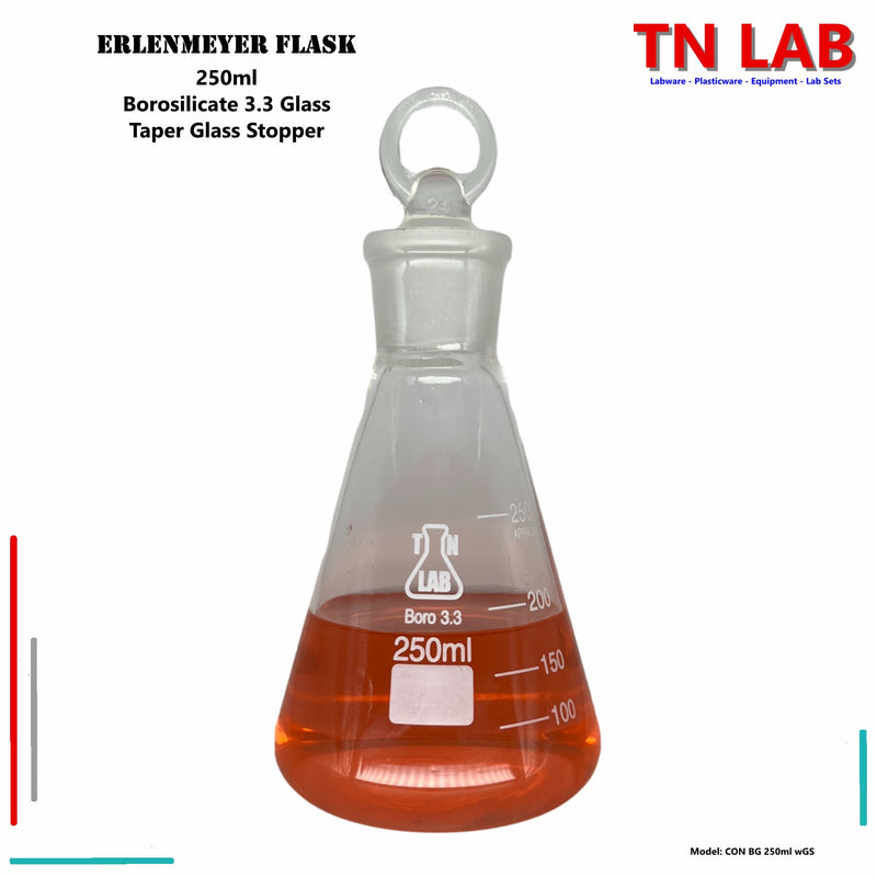 TN LAB Supply Erlenmeyer Flask Borosilicate 3.3 Glass 250ml Narrow Neck with Tapered Glass Stopper