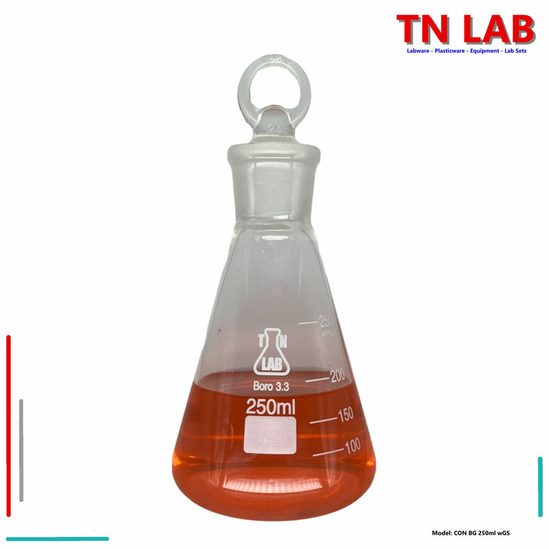 TN LAB Supply Erlenmeyer Flask Borosilicate 3.3 Glass 250ml Narrow Neck with Tapered Glass Stopper