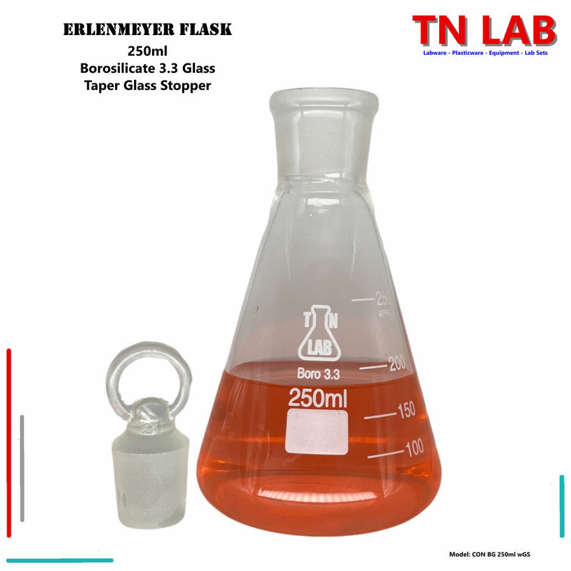 TN LAB Supply Erlenmeyer Flask Borosilicate 3.3 Glass 250ml Narrow Neck with Tapered Glass Stopper