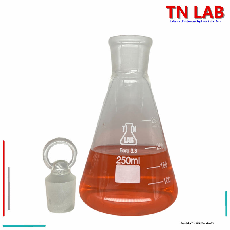 TN LAB Supply Erlenmeyer Flask Borosilicate 3.3 Glass 250ml Narrow Neck with Tapered Glass Stopper