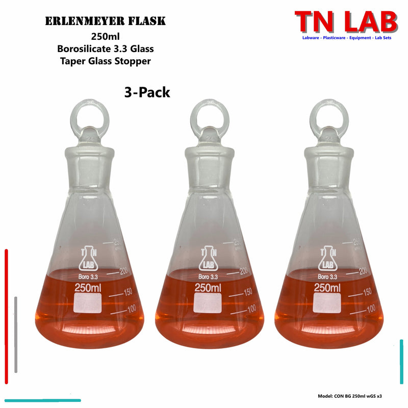 TN LAB Supply Erlenmeyer Flask Borosilicate 3.3 Glass 250ml Narrow Neck with Tapered Glass Stopper 3-Pack