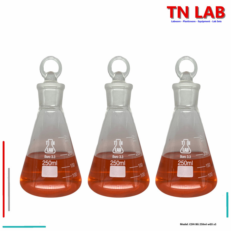 TN LAB Supply Erlenmeyer Flask Borosilicate 3.3 Glass 250ml Narrow Neck with Tapered Glass Stopper 3-Pack