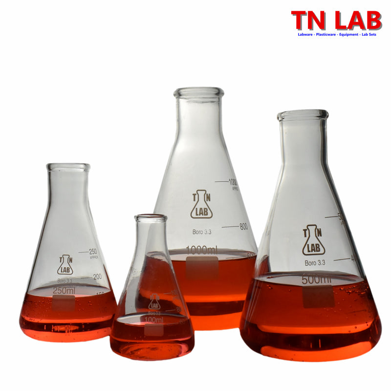 TN LAB Supply Erlenmeyer Flask Borosilicate Glass Set of 4 Flasks 100ml-250ml-500ml-1000ml Flasks