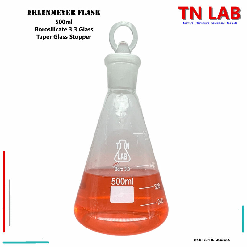 TN LAB Supply Erlenmeyer Flask Borosilicate 3.3 Glass 500ml Narrow Neck with Tapered Glass Stopper