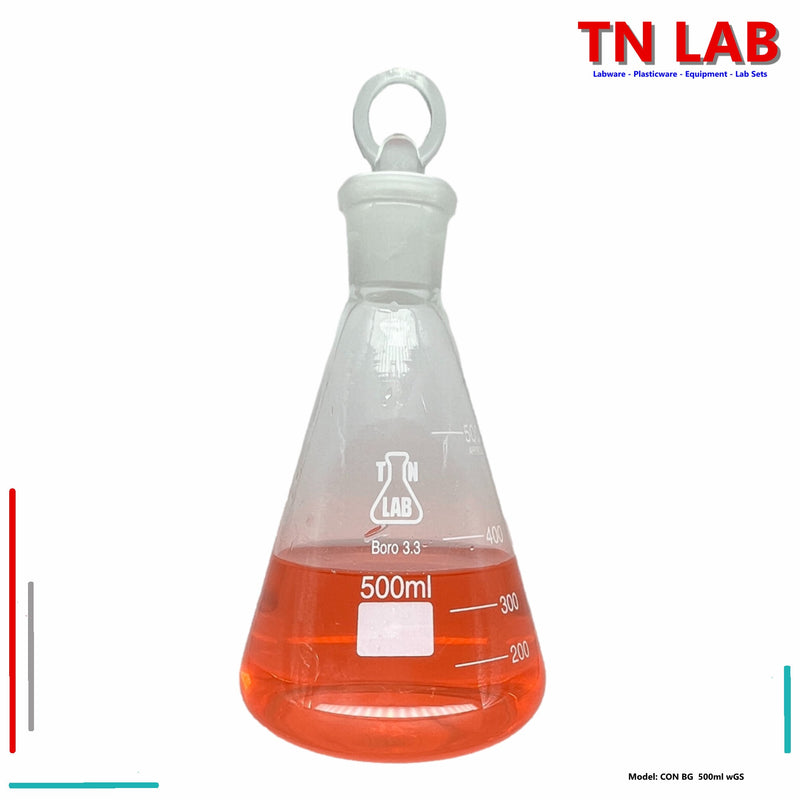 TN LAB Supply Erlenmeyer Flask Borosilicate 3.3 Glass 500ml Narrow Neck with Tapered Glass Stopper