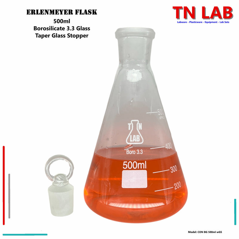 TN LAB Supply Erlenmeyer Flask Borosilicate 3.3 Glass 500ml Narrow Neck with Tapered Glass Stopper