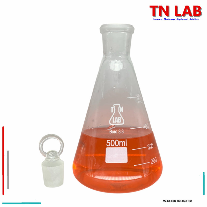 TN LAB Supply Erlenmeyer Flask Borosilicate 3.3 Glass 500ml Narrow Neck with Tapered Glass Stopper 2-Pack