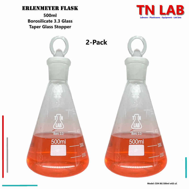 TN LAB Supply Erlenmeyer Flask Borosilicate 3.3 Glass 500ml Narrow Neck with Tapered Glass Stopper 2-Pack