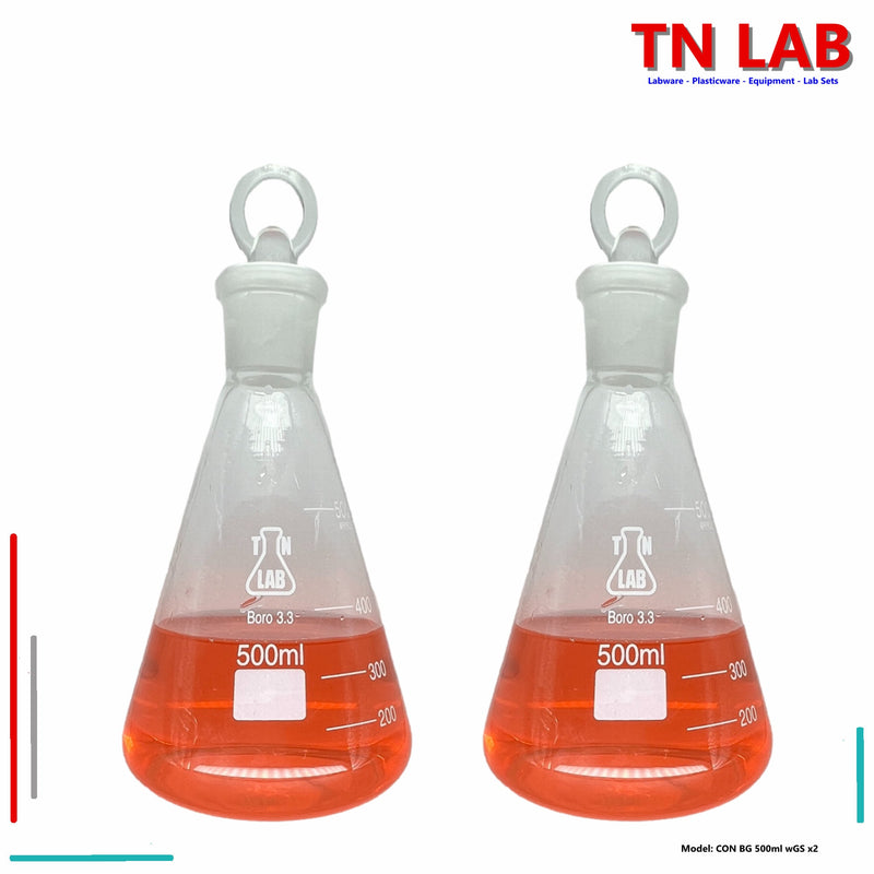 TN LAB Supply Erlenmeyer Flask Borosilicate 3.3 Glass 500ml Narrow Neck with Tapered Glass Stopper 2-Pack