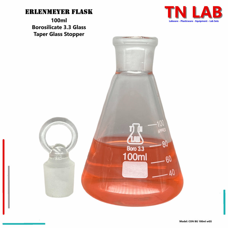 TN LAB Supply Erlenmeyer Flask Conical Flask 100ml Borosilicate 3.3 Glass with Glass Tapered Stopper