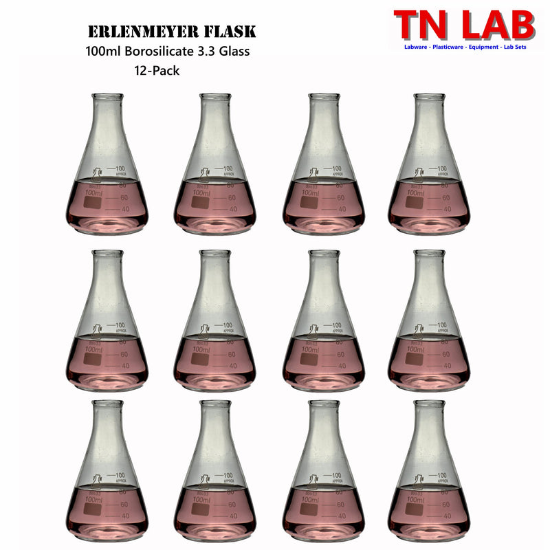 TN LAB Supply 100ml Erlenmeyer Flask Conical Flask Borosilicate 3.3 Glass 12-Pack