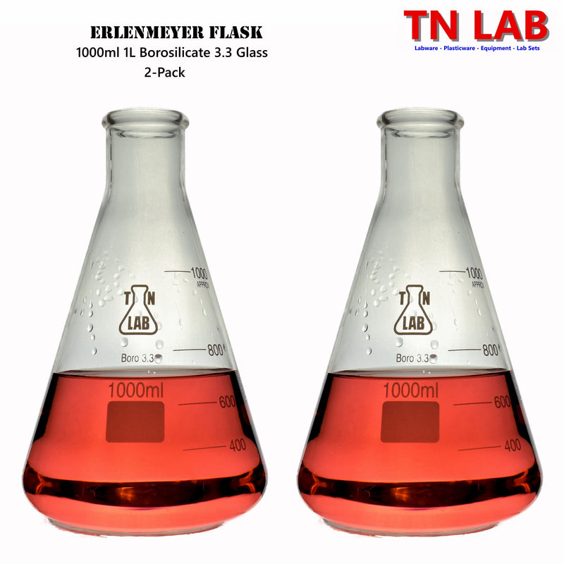TN LAB 1000ml 1L Erlenmeyer Conical Flask Borosilicate 3.3 Glass 2-Pack