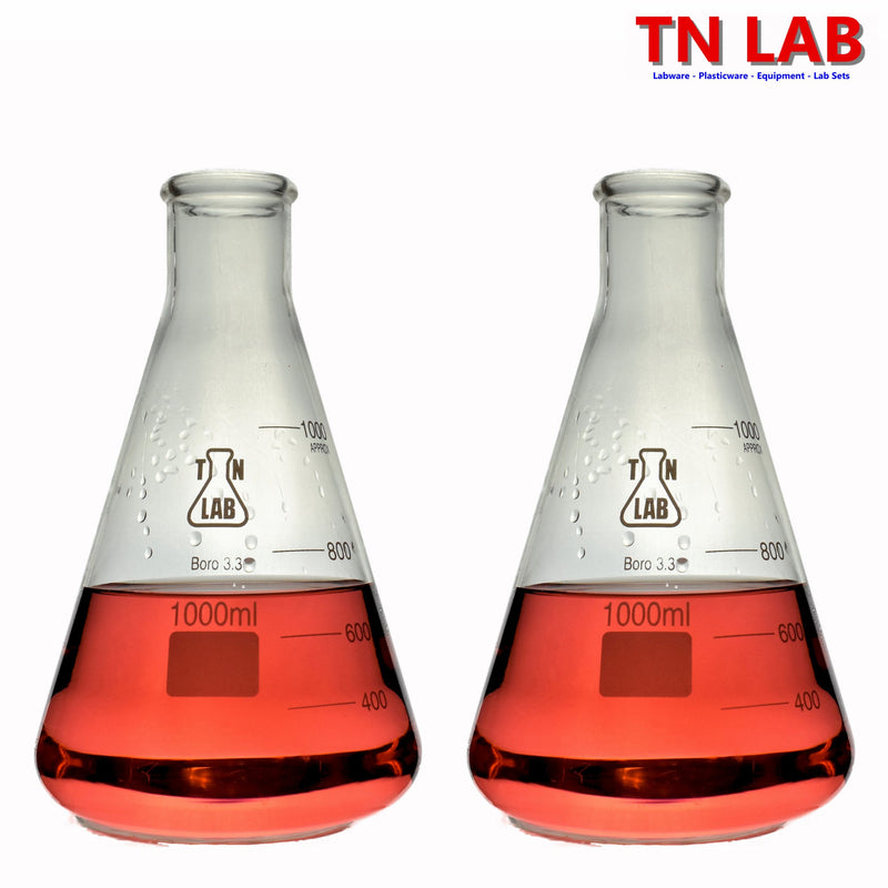 TN LAB 1000ml 1L Erlenmeyer Conical Flask Borosilicate 3.3 Glass 2-Pack