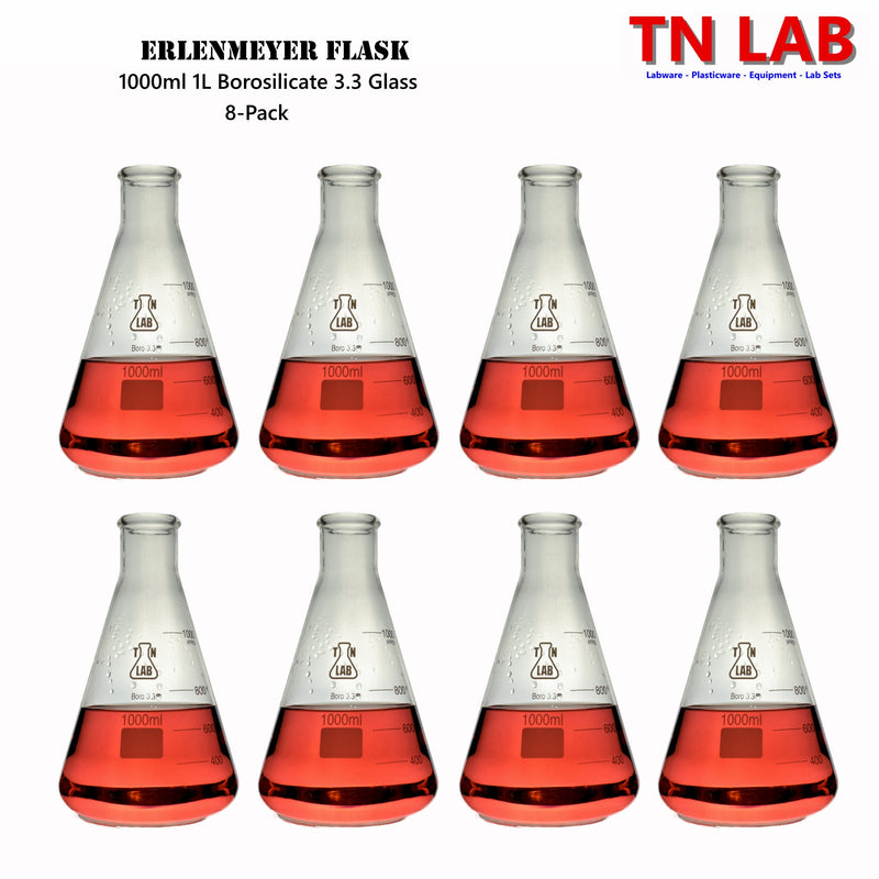 TN LAB Supply 1000ml 1L Erlenmeyer Flask Conical Flask Borosilicate 3.3 Glass 8-Pack
