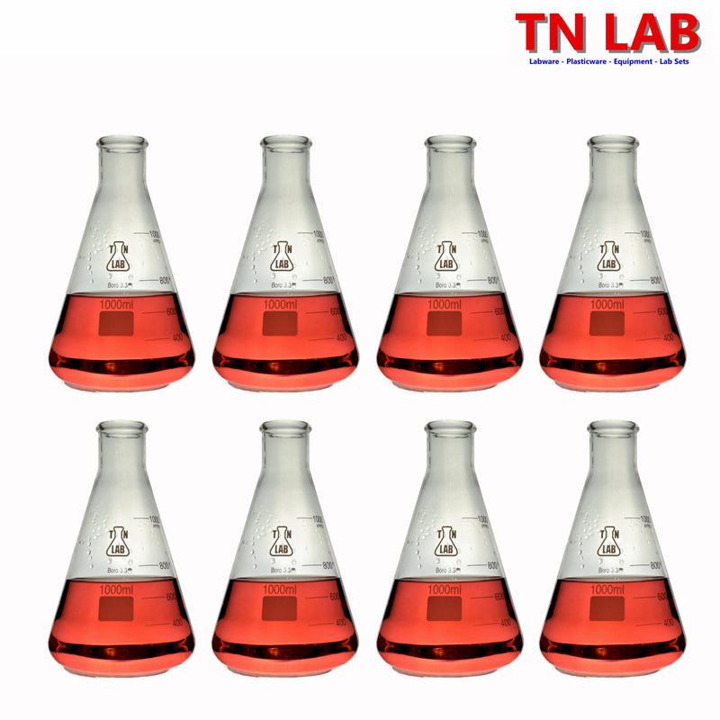 TN LAB 1000ml 1L Erlenmeyer Conical Flask Borosilicate 3.3 Glass 8-Pack