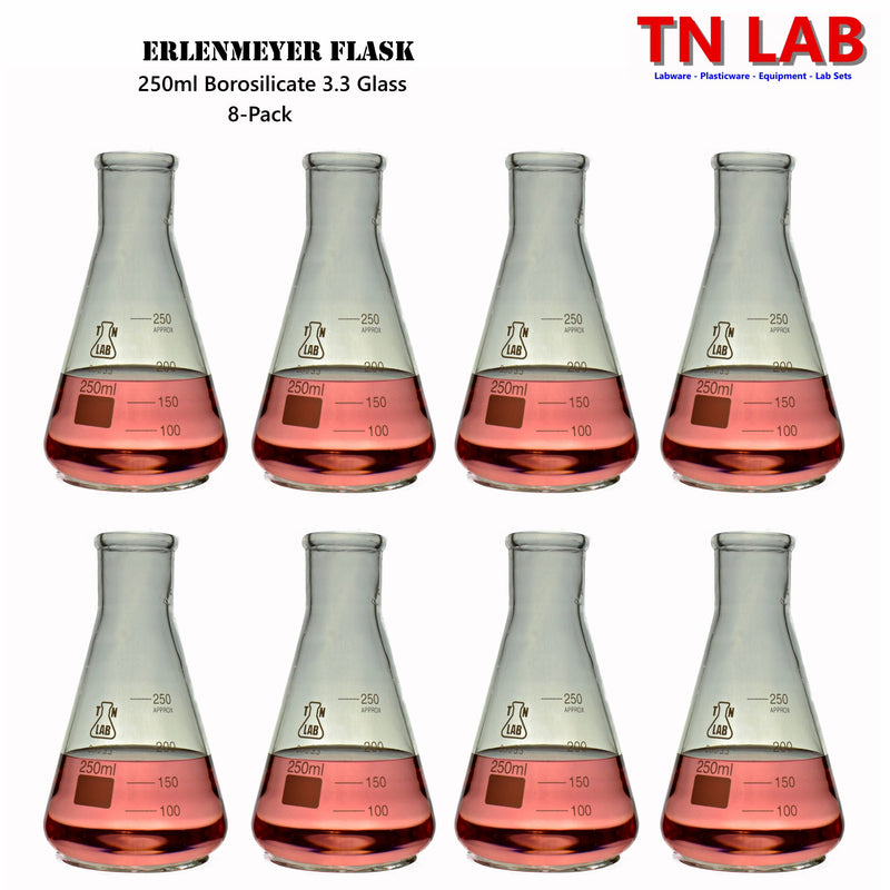TN LAB Supply 250ml Erlenmeyer Flask Conical Flask Borosilicate 3.3 Glass 8-Pack