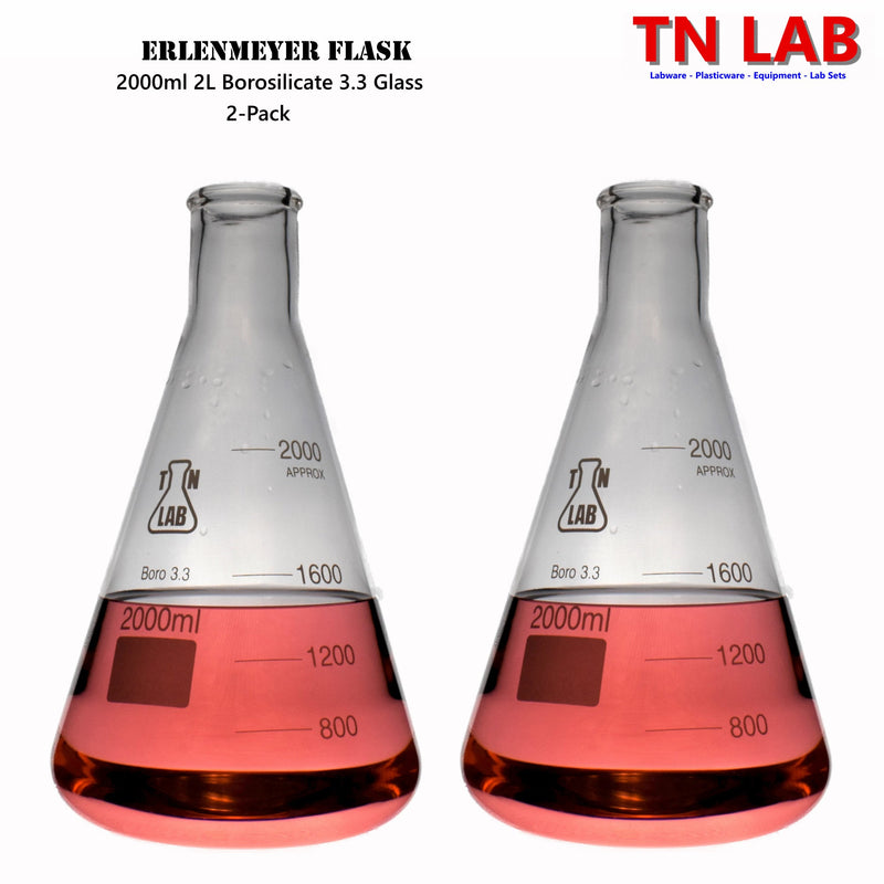 TN LAB Supply 2000ml 2L Erlenmeyer Flask Conical Flask Borosilicate 3.3 Glass 2-Pack