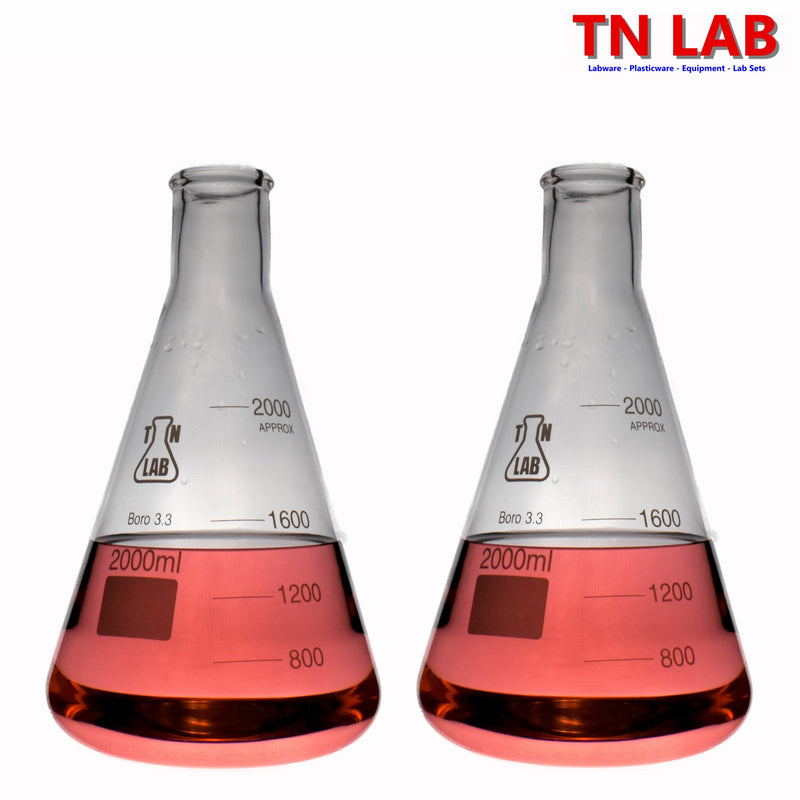 TN LAB 2000ml 2L Erlenmeyer Conical Flask Borosilicate 3.3 Glass 2-Pack