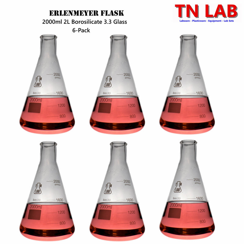 TN LAB Supply 2000ml 2L Erlenmeyer Flask Conical Flask Borosilicate 3.3 Glass 6-Pack