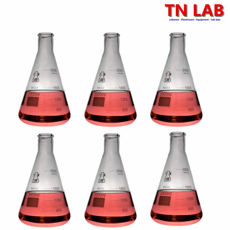 TN LAB 2000ml 2L Erlenmeyer Conical Flask Borosilicate 3.3 Glass 6-Pack