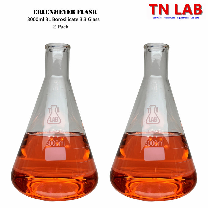 TN LAB Supply 3000ml 3L Erlenmeyer Flask Conical Flask Borosilicate 3.3 Glass 2-Pack