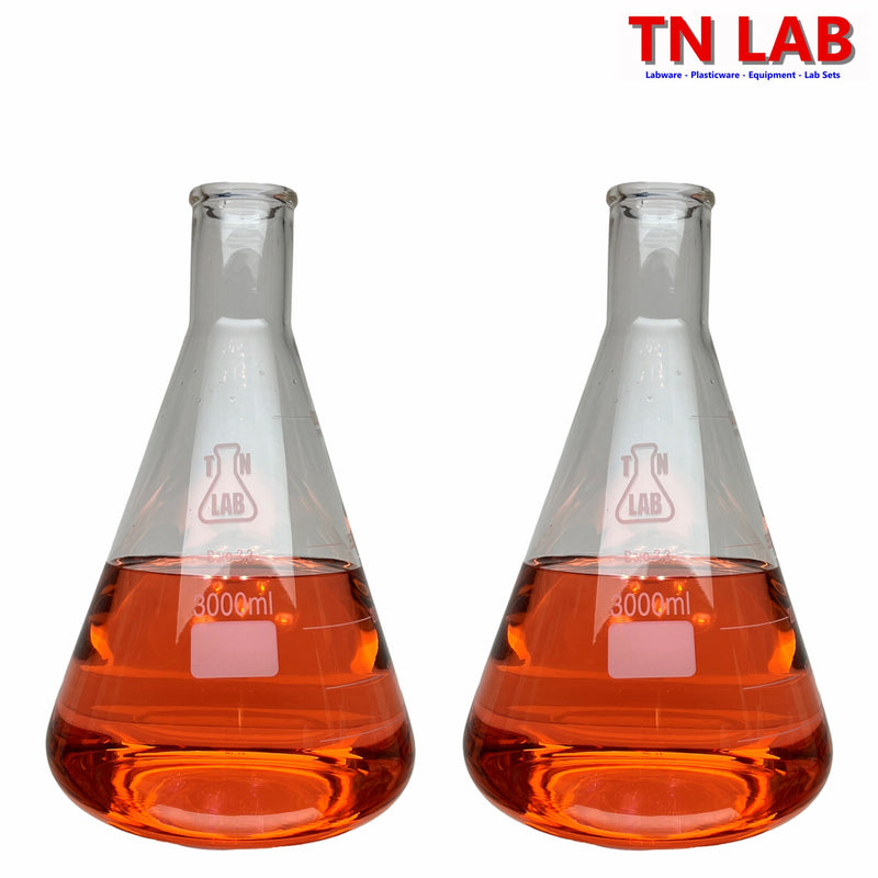 TN LAB 3000ml 3L Erlenmeyer Conical Flask Borosilicate 3.3 Glass 2-Pack