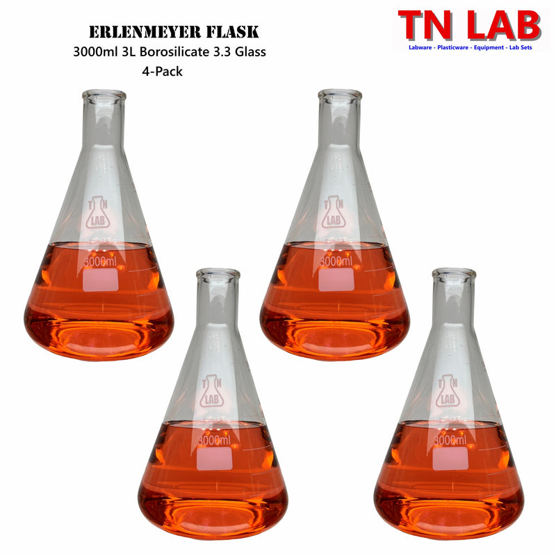 TN LAB 3000ml 3L Erlenmeyer Conical Flask Borosilicate 3.3 Glass 4-Pack