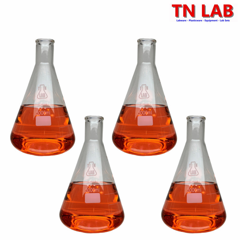 TN LAB 3000ml 3L Erlenmeyer Conical Flask Borosilicate 3.3 Glass 4-Pack