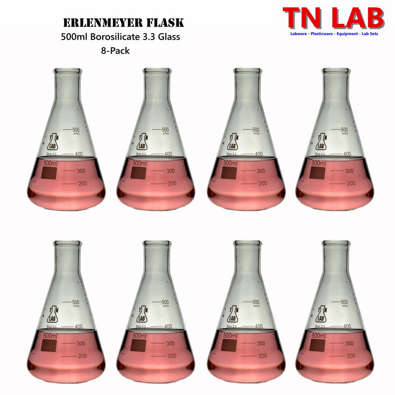 TN LAB Supply 500ml 1L Erlenmeyer Flask Conical Flask Borosilicate 3.3 Glass 8-Pack