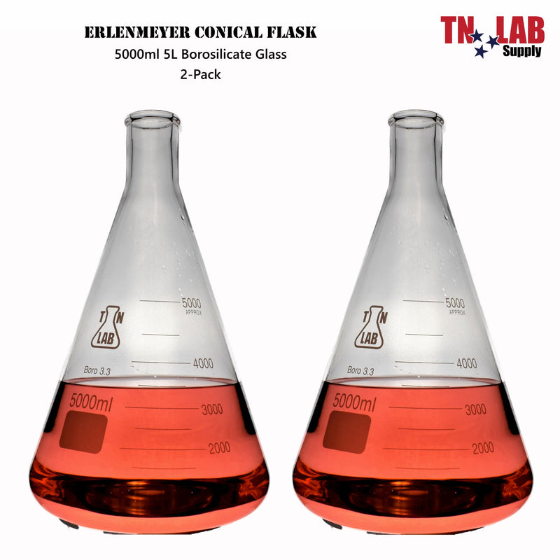 TN LAB Supply 5000ml 5L Erlenmeyer Flask Borosilicate Glass 2-Pack